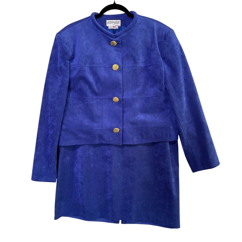 Vintage Count Romi Ultrasuede Blue Skirt Suit Set Gold Button (Mixed Size 16/18)